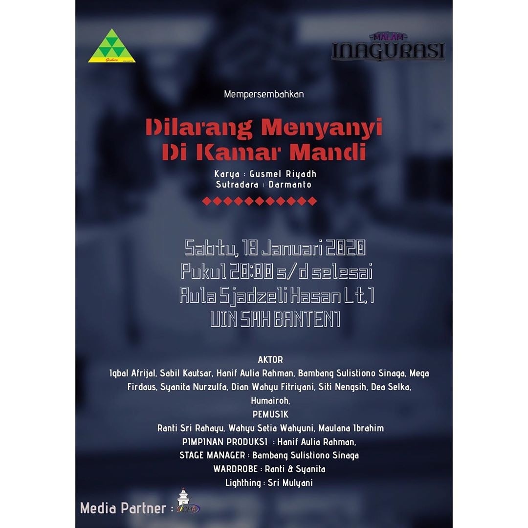 Gesbica86's tweet photo. Assalamualaikum wr.wb.. Salam seni dan budaya!! ...
Hallo teman-teman kami peserta *TASBIC XXVII UKM GESBICA UIN SMH Banten* akan mengadakan malam Inagurasi dan menampilkan Teater yang berjudul "Dilarang Menyanyi di Kamar Mandi" https://t.co/M2mMjKhA9R