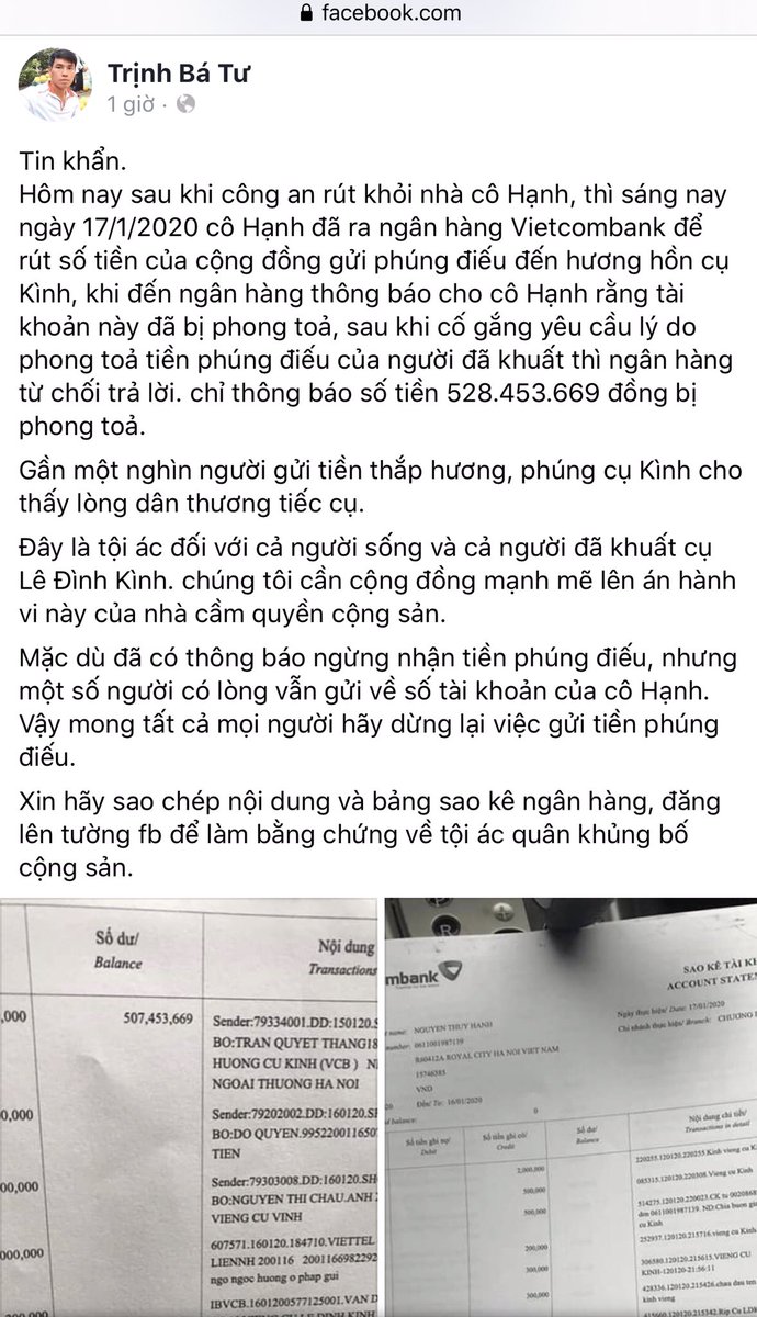 Ho1Quyet's tweet photo. #Vietcombank has locked the bank account of Mrs. Nguyen Thuy Hanh who are raising fund for #DongTam and Elder Kinh. This bank has locked my account too when my friend raising fund for me to buy replacement the equipment was taken by police #BoycottVietcombank https://t.co/jNKYau45Tq