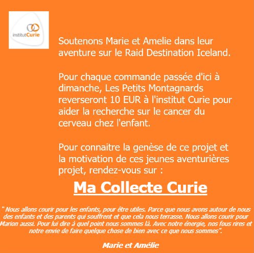 LesPMontagnards's tweet photo. Allez, ce weekend on participe à la gagnotte de nos 2 sportives au grand coeur qui vont faire le raid destination Iceland!
Les fonds récoltés aideront la recherche sur le cancer du cerveau chez l’enfant.
Pour chaque commande: 10€ seront reversés!
#defidelles #destinationIceland https://t.co/wuxMCaSM18