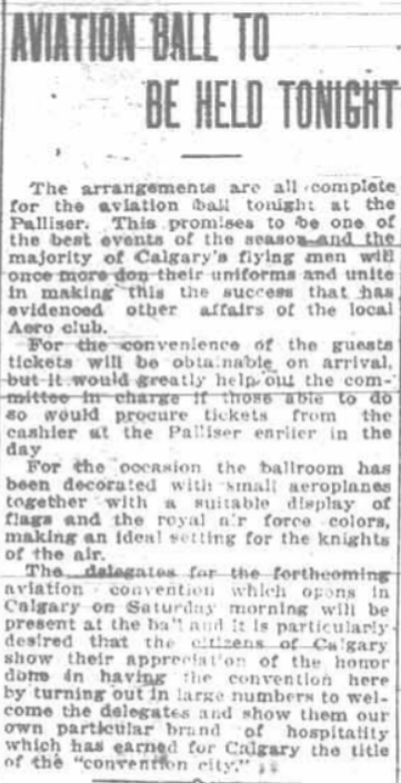 #100YearsAgoTodayin #YYC: Aviation ball held in <a href="/Fairmont_PAL/">Fairmont Palliser</a>. Account from the Morning Albertan (now <a href="/calgarysun/">Calgary Sun</a>).
