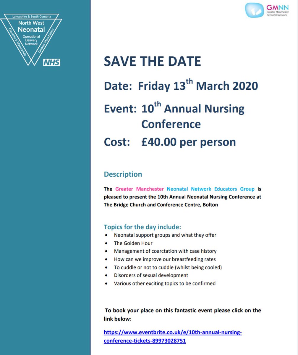 The much loved NW Neonatal Nursing Conference is now open for bookings!!
Please see below and follow the link for more information and to book.
eventbrite.co.uk/e/10th-annual-…