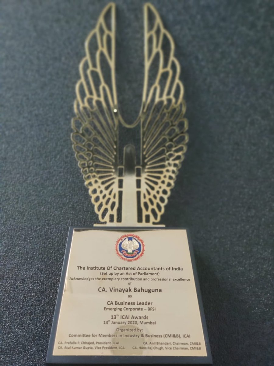 Arcil_Arc's tweet photo. Proud to announce that our CEO &amp; MD, Vinayak Bahuguna was conferred with CA Business Leader (Emerging Corporate - BFSI) award at 13th ICAI Award, held on 14th January 2020 in Mumbai, organised by @theicai https://t.co/SQ16TL6Ws8