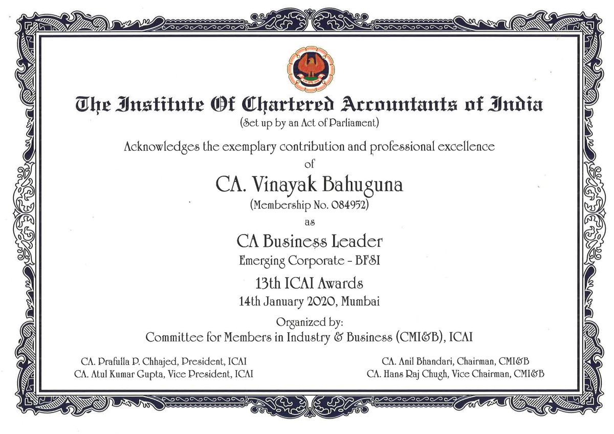 Arcil_Arc's tweet photo. Proud to announce that our CEO &amp; MD, Vinayak Bahuguna was conferred with CA Business Leader (Emerging Corporate - BFSI) award at 13th ICAI Award, held on 14th January 2020 in Mumbai, organised by @theicai https://t.co/SQ16TL6Ws8