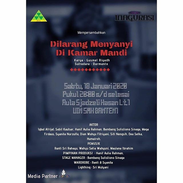 Assalamualaikum wr.wb.. Salam seni dan budaya!! ...
Hallo teman-teman kami peserta *TASBIC XXVII UKM GESBICA UIN SMH Banten* akan mengadakan malam Inagurasi dan menampilkan Teater yang berjudul "Dilarang Menyanyi di Kamar Mandi" pada tanggal 18 Januari 2020 pukul 20.00-seles…