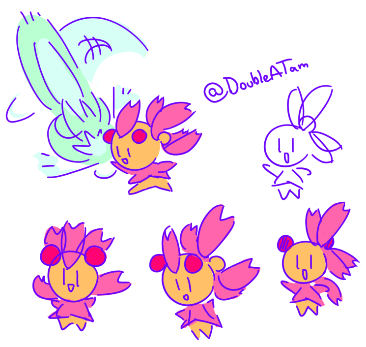 cherrim using solar blade, a couple normal cherrim drawings, and a slight redesign of cherrim