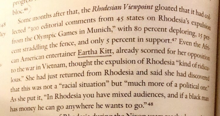 Yo  @TacTKrl right, Eartha Kitt supported fascist white minority rule in rhodesia, visited & performed there despite a boycott by Black liberation movements & denied that there was even a racial issue claiming, ‘if a black man has money he can go anywhere he wants...”