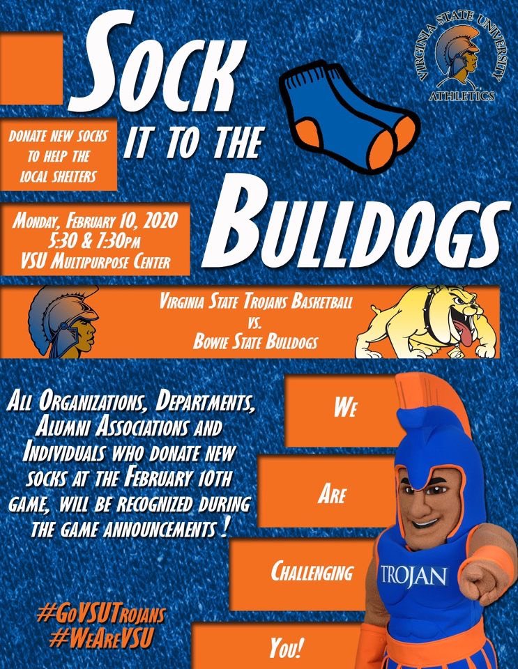 VsuSaac's tweet photo. And we’re back‼️A friendly competition for a great cause. Virginia State SAAC has challenged ALL ORGS, Departments, &amp; individuals who would like to participate. Collect as many pair of NEW socks and bring them to the game February 10, Monday at 5:30 &amp; 7:30 #VSUnity #VSUcares #VSU https://t.co/gmtDJLZiEC