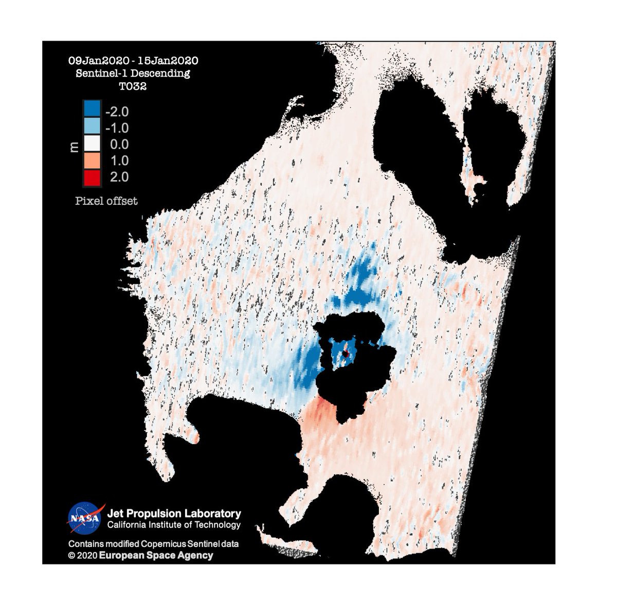 EricFielding's tweet photo. @iamgracebato @phivolcs_dost New versions of displacement maps for Taal, Philippines from Copernicus Sentinel-1 SAR data by @iamgracebato at NASA JPL show full ground motion in color. Red colors mean land moved up or east, blue mean down or west. InSAR and pixel offsets. We are providing this to PHIVOLCS. https://t.co/ybihlOpCiA