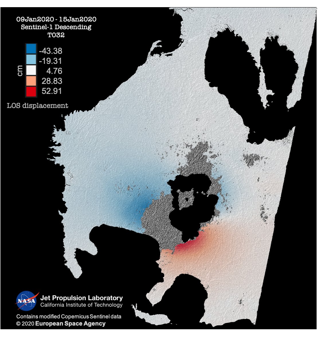 EricFielding's tweet photo. @iamgracebato @phivolcs_dost New versions of displacement maps for Taal, Philippines from Copernicus Sentinel-1 SAR data by @iamgracebato at NASA JPL show full ground motion in color. Red colors mean land moved up or east, blue mean down or west. InSAR and pixel offsets. We are providing this to PHIVOLCS. https://t.co/ybihlOpCiA