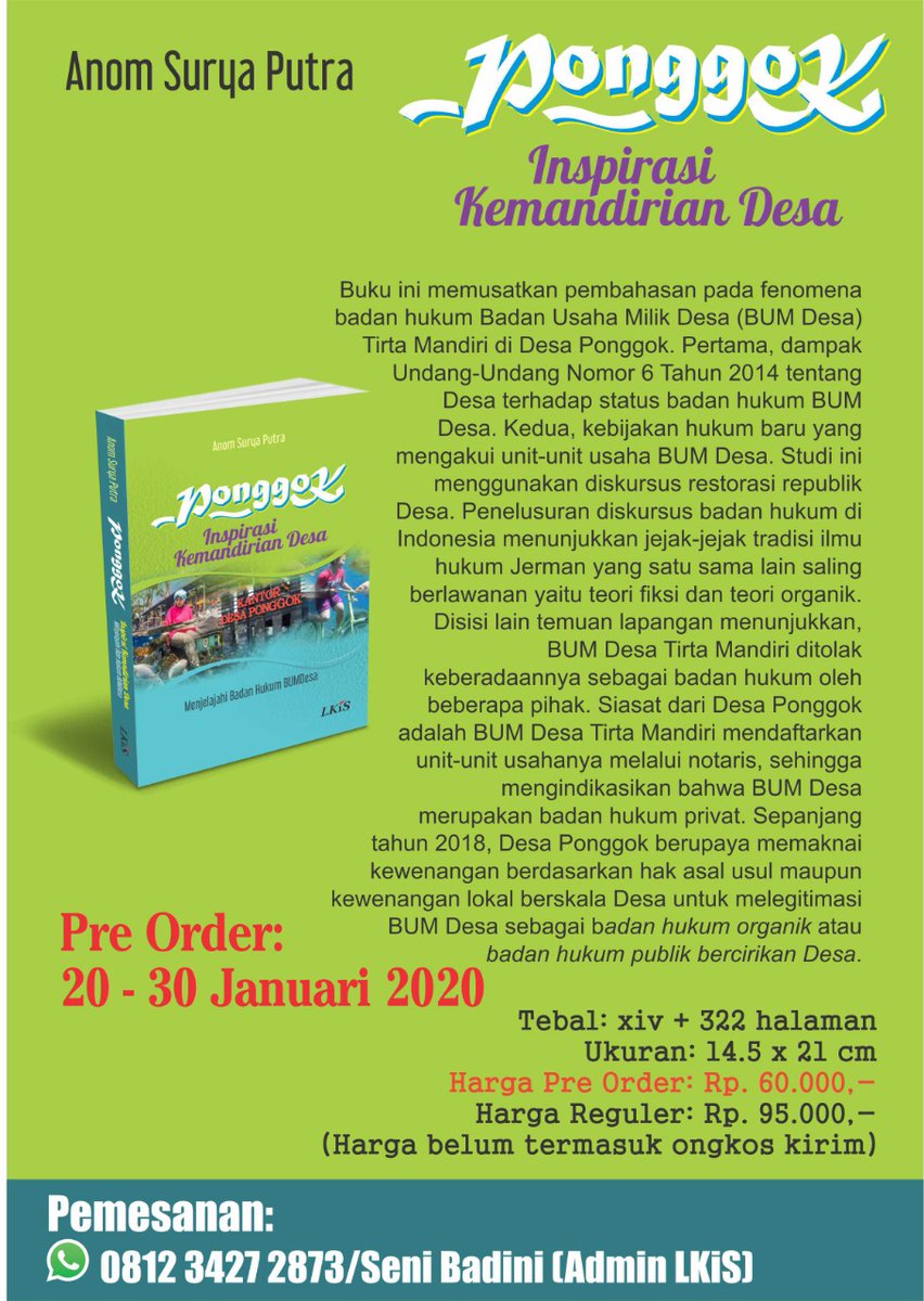 Untuk seluruh teman di Desa yang sedang menyekap "keringat dan air mata", ketika mengelola BUM Desa.

*Pesan Pre-Order kepada Admin LKiS Yogyakarta. Seni Badini 081234272873.

#bumdesa
#desaponggok
#umbulponggok
#umbulbesuki
#umbulsigedang 
#lkis