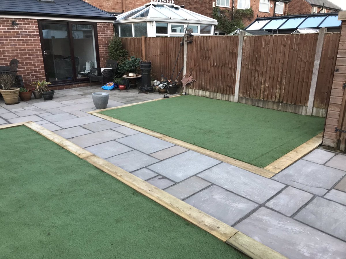 info_lpm's tweet photo. After pictures on our recent Astley project.35 square metres of Indian stone (autumn brown) laid,35mm artificial grass laid complimented with sleeper framework.all completed within 6 days #lpm #sgs https://t.co/jlJlmZfCXQ