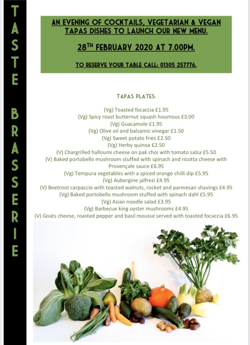#Vegan #Vegetarian &amp; #Cocktails at Taste Brasserie on 28th February. Book now on : 01305 257776.  @DorchesterTIC <a href="/dorchdude/">phil gordon</a> <a href="/DorchesterBID/">Dorchester BID</a> <a href="/Dorset_vegan/">Dorset Vegan</a> <a href="/DorsetFoodDrink/">Dorset Food & Drink</a> @Tasteofthewest  @dorsetfoodiefam Pls #rt