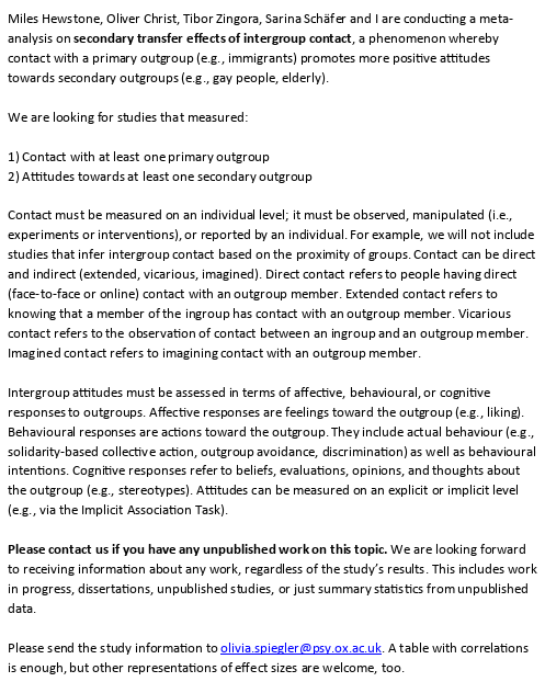 easpinfo's tweet photo. Call for unpublished data on ** secondary transfer effects of intergroup contact** Please RT and help if you can. #unpublisheddata #intergroupcontact @OliviaSpiegler @tibor_zingora https://t.co/L0dmjWfYU5