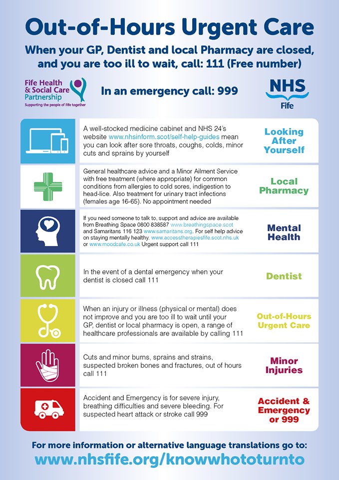 nhsfife's tweet photo. When you are ill or injured it is vital to #knowwhototurnto for the right medical assistance.
👀 This simple guide shows where to turn to 'out of hours' - which means when your GP, Dentist and Local Pharmacy are closed. #loveyournhsfife https://t.co/ltla2dGn10