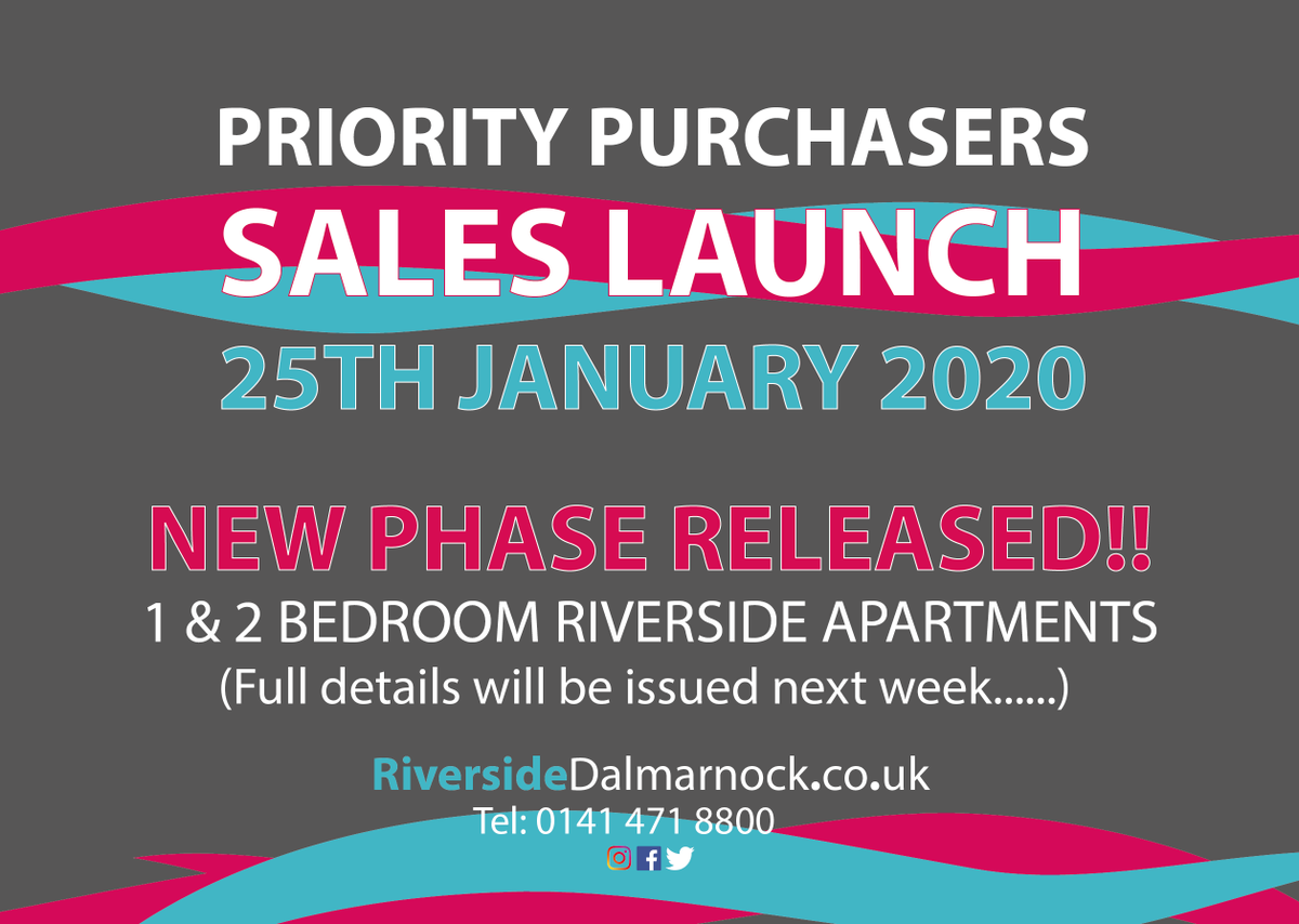 Our 1st #Dalmarnock apartments for private sale will be released for 'Priority Purchasers' to reserve from Sat 25th Jan. The launch will be by appointment only. Booking will be from 10am,Thurs 23rd Jan. Sign up to our mailing list to receive details bit.ly/30u6a08