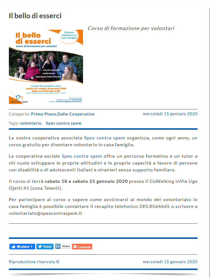 Grazie a Confcooperative Roma per aver condiviso 👉 bit.ly/2u4ysT1 il nuovo #corsogratuito per #volontari in #casafamiglia. Ricordiamo a tutti che siete ancora in tempo ad iscrivervi, chiamando allo 393.8564665 o scrivendo a volontariato@spescontraspem.it