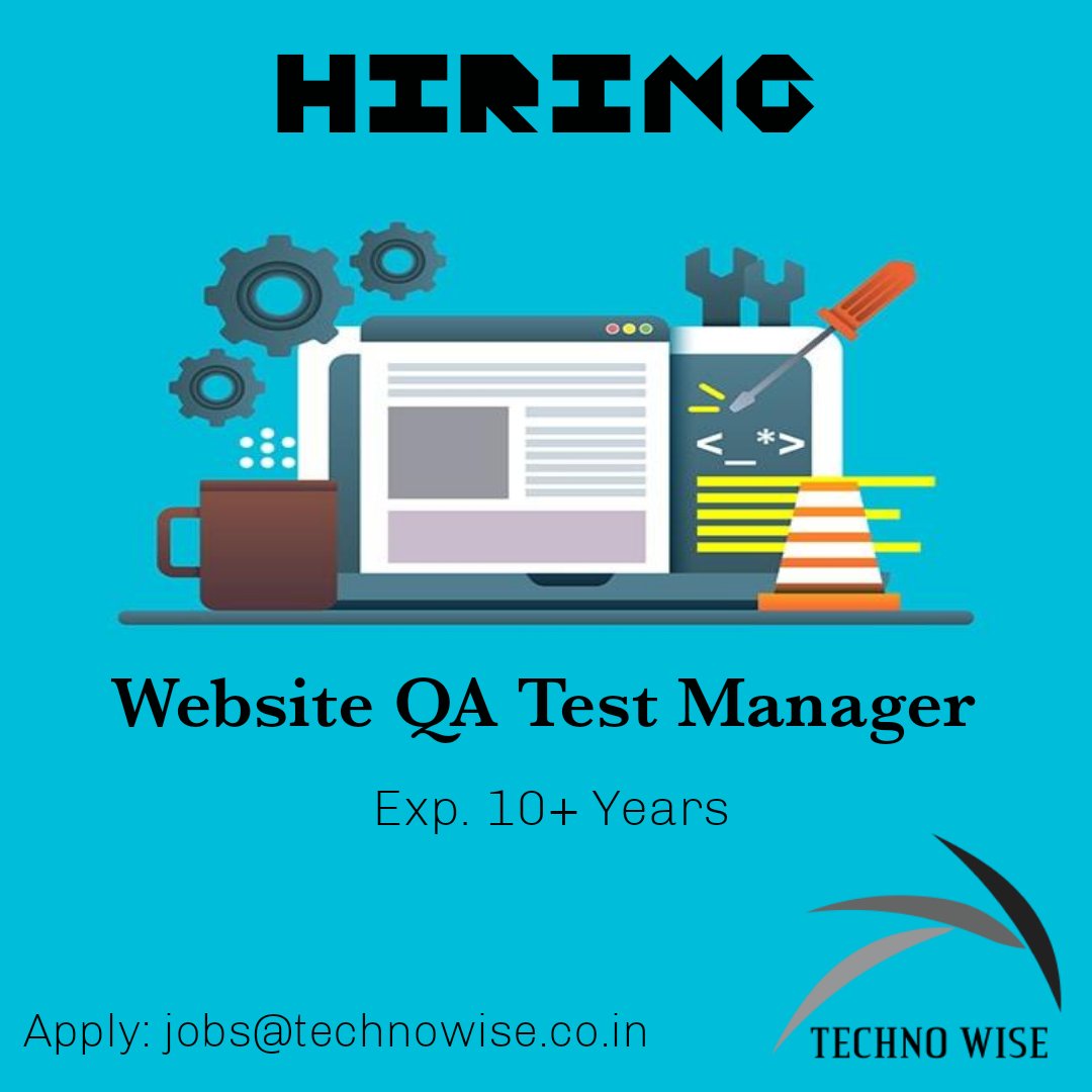 #TechnoWise_India #recruiting #qamanager #python #javascript #agile #scrum #selenium #automation #qualityanalyst #5days #mnc #itjobs #jobs #ecommercewebsites #ahmedabad 

Website Testers may apply too! 
6+ yrs.

Apply:
jobs@technowise.co.in