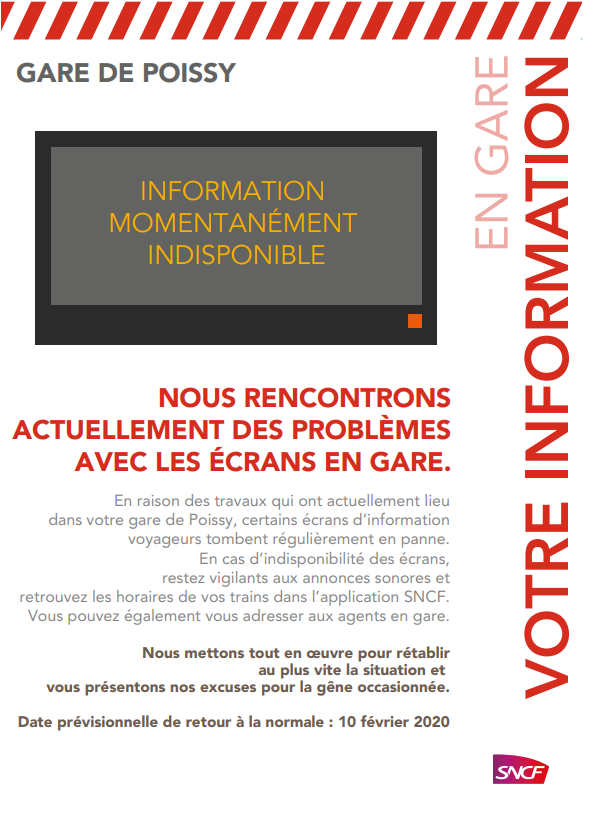 RER_A's tweet photo. 📢Des travaux ont lieu dans votre #garedePoissy : certains écrans d’information voyageurs sont indisponibles.
👉Restez vigilants aux annonces sonores, retrouvez les horaires de vos trains dans l’appli. Vous pouvez également vous adresser aux agents en gare et aux CM twitter. https://t.co/JznE8RaXvV