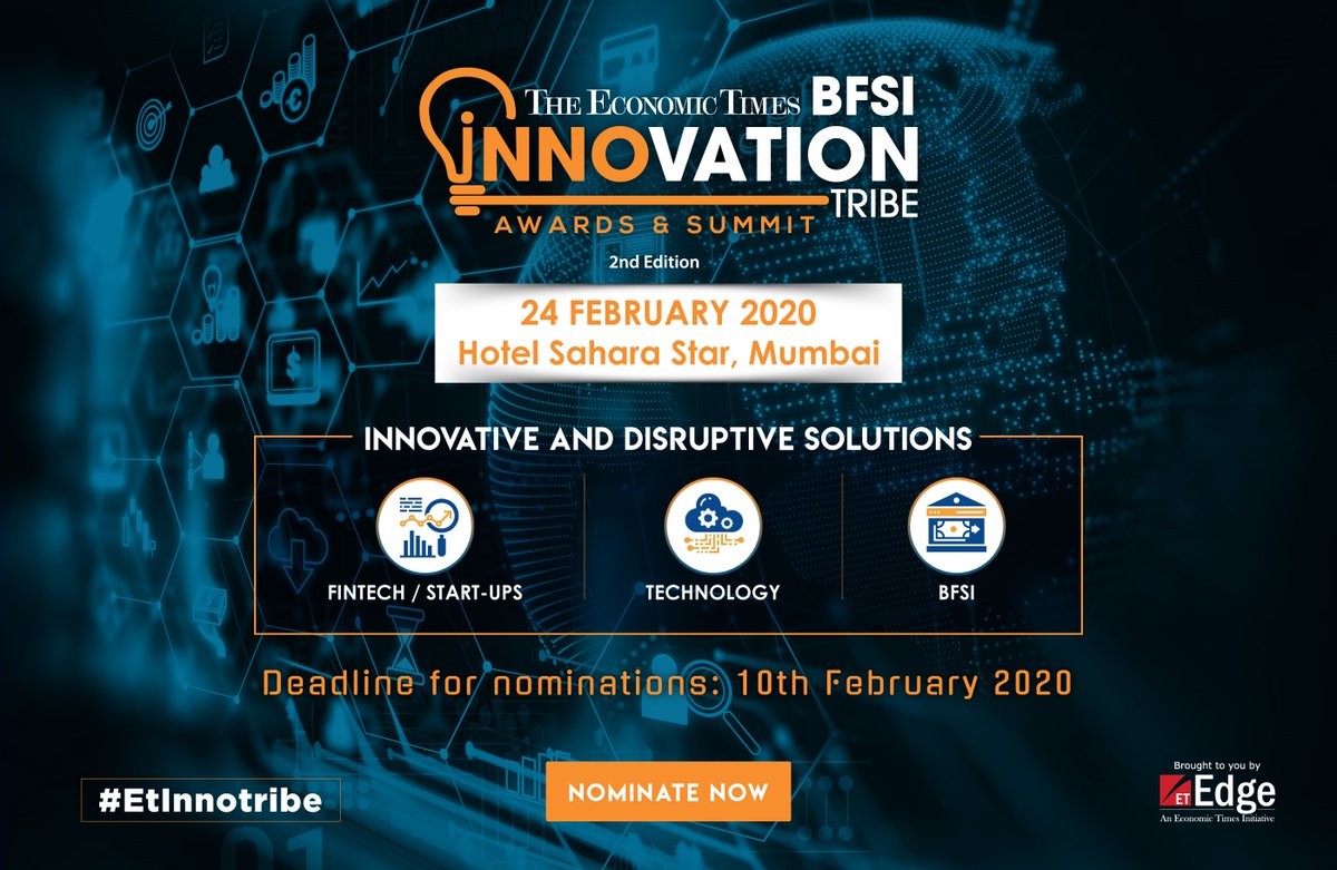 ET_Edge's tweet photo. Join now to meet FinTech leaders who’re shaping the future of #Financial Services. Nominate now: https://t.co/nNRGLXTNyh
Deadline for nominations 10th Feb 2020.
#ETInnotribe #Fintech #Payments #BFSI #disruption #bankinginnovation #startups #insurtech
#Regtech #Securtech https://t.co/Hb0qKra0Ys
