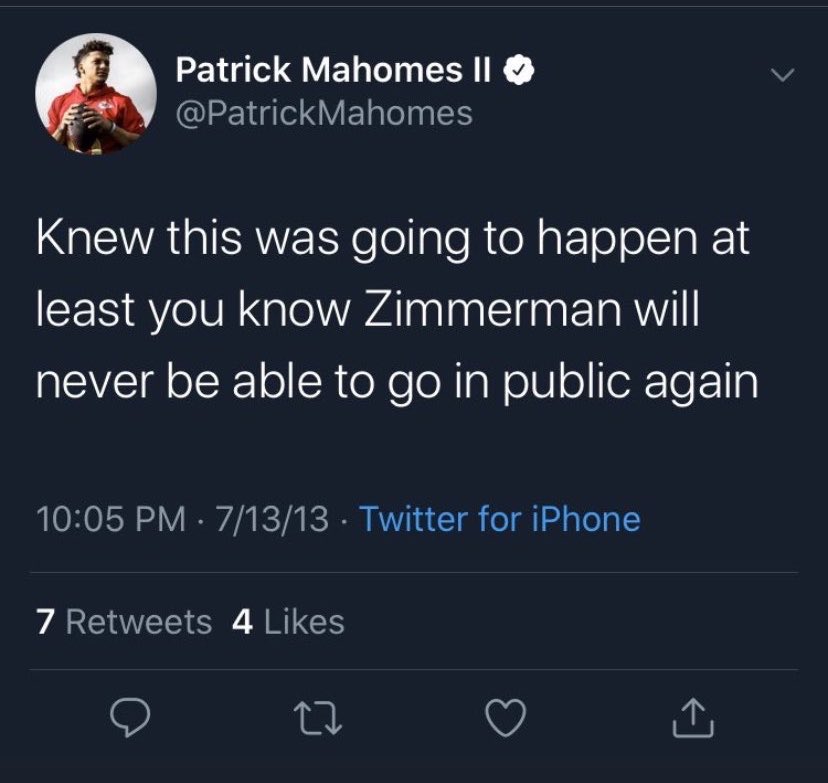 It seems  #PatrickMahomes was not suprised but still disappointed at the verdict from the wrongful murder of Trayvon Martin by George Zimmerman. Note the tweet and date at the bottom. Mahomes was 18 years old at the time.