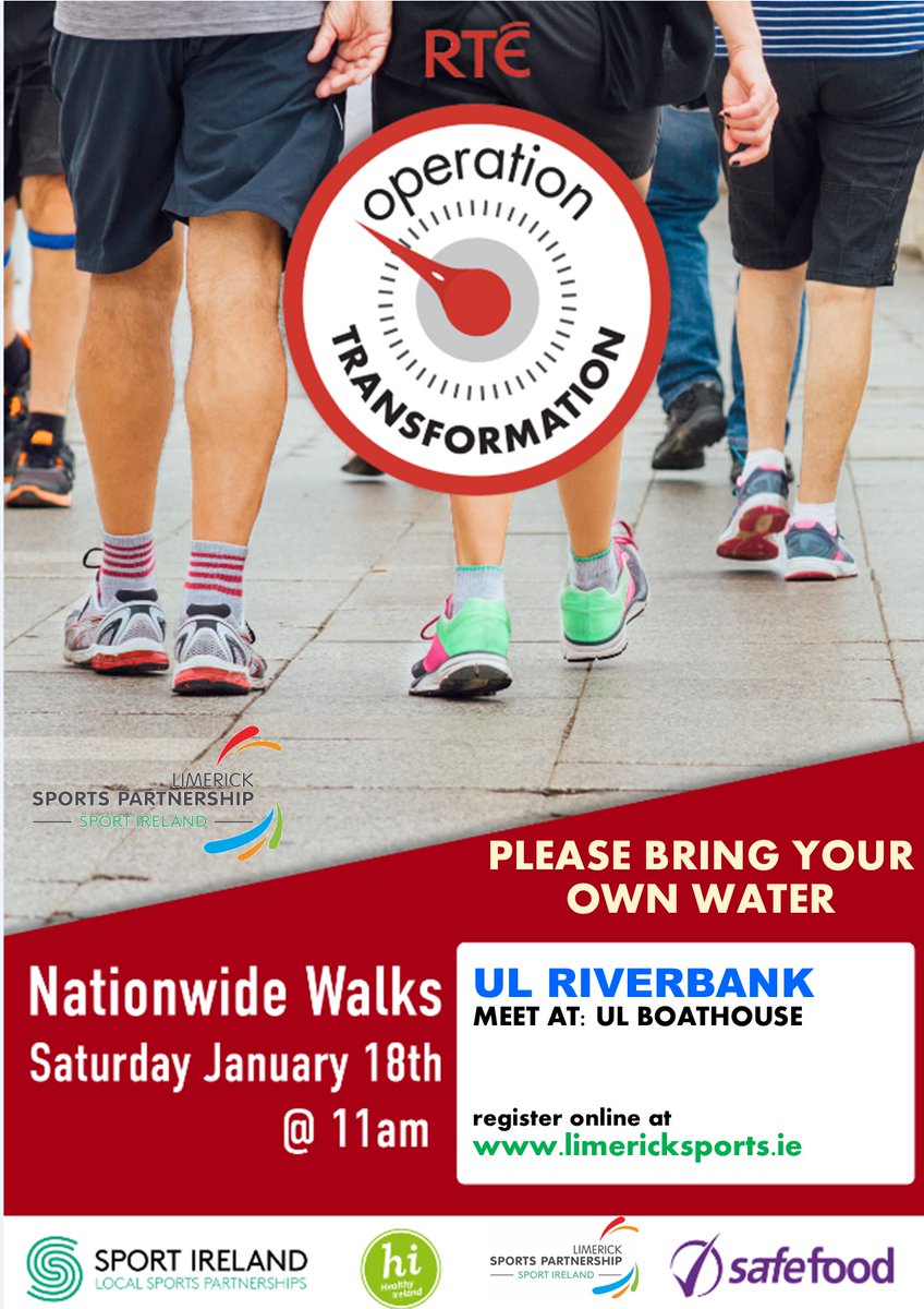 Limericksports's tweet photo. DON'T FORGET TO REGISTER-hope to see crowds😀😉👍-join us &amp; take part in the annual Operation Transformation Nationwide Walk at 11am - 2 venues, no excuses: https://t.co/nyGsMeytUe #activelimerick #getlimerickwalking #operationtransformation #OT2020 https://t.co/eBwnrAmVFq