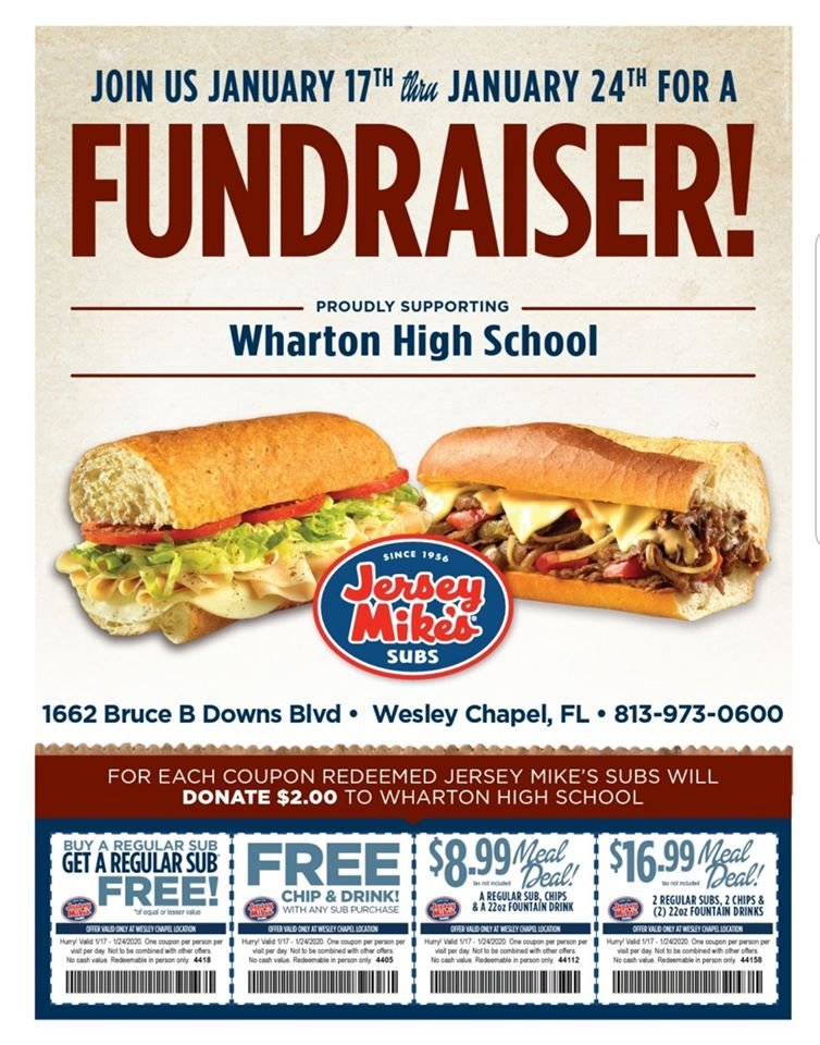 It's Jersey Mike's Fundraiser time! Help support Wharton PTSA by heading to Jersey Mike's @ 1662 Bruce B Down's Blvd today thru Friday, January 24th! Bring in a copy or a picture of these coupons. Head in once or go daily! Please retweet this post! Thank you! 👐
