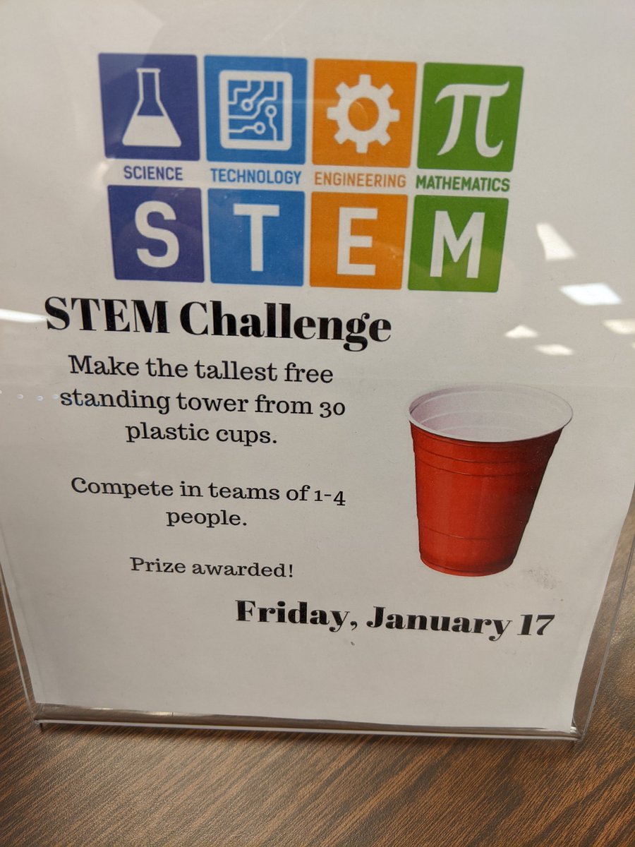 WSHSMC's tweet image. First #stemchallenge of the year is ready in the library! Come build the tallest free standing tower from 30 cups.