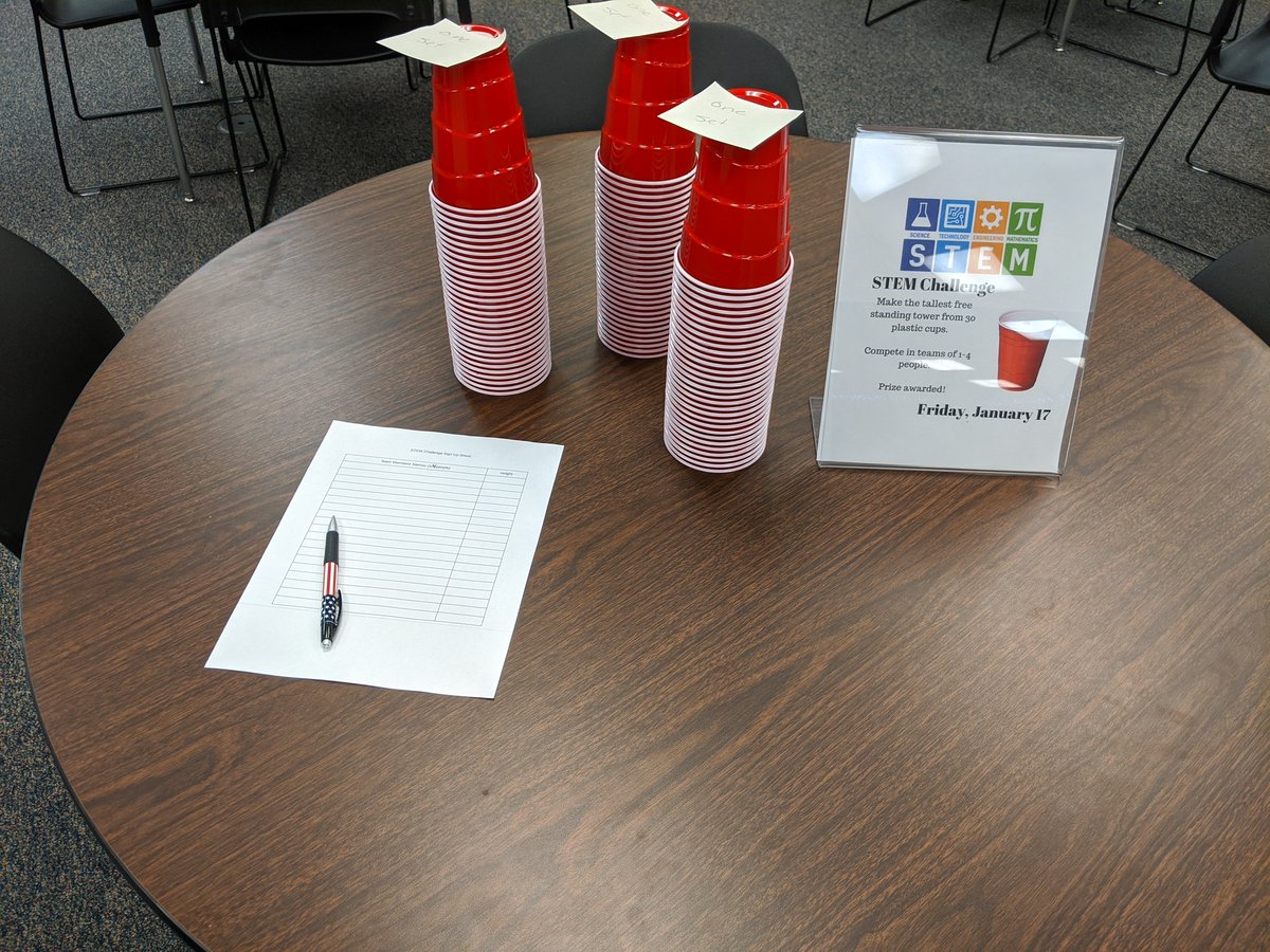 WSHSMC's tweet image. First #stemchallenge of the year is ready in the library! Come build the tallest free standing tower from 30 cups.