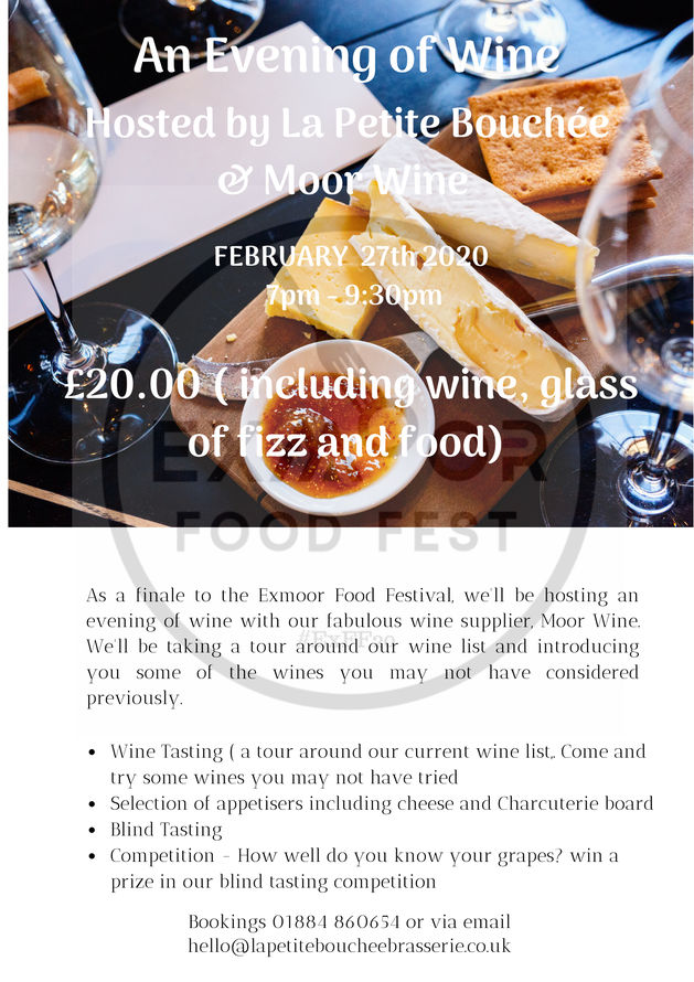 ExmoorFoodFest's tweet photo. An Evening of Wine at La Petite Bouchée #ExFF20
- https://t.co/Xdc5QrpOYZ https://t.co/5ot7ZjQzAw
