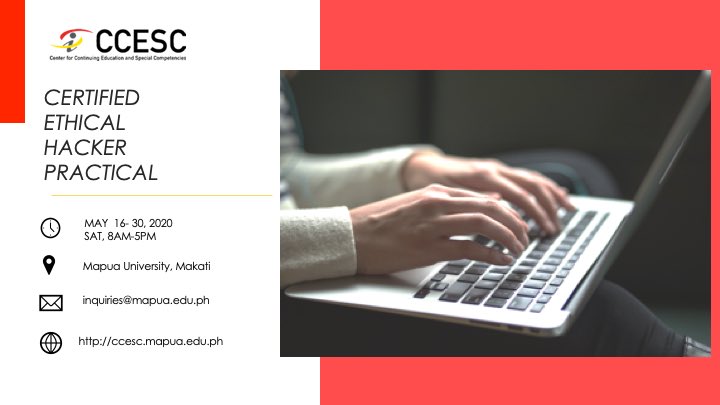 mapuaccescmkt's tweet photo. Mapua CCESC is also offering CEH Practical. This is a six-hour long rigorous exam that requires you to demonstrate the application of ethical hacking techniques.
For more information, please check:
https://t.co/BQD4Z12FZr
#edtech #education #mapua #ccesc #ceh https://t.co/GHYv81oI0N