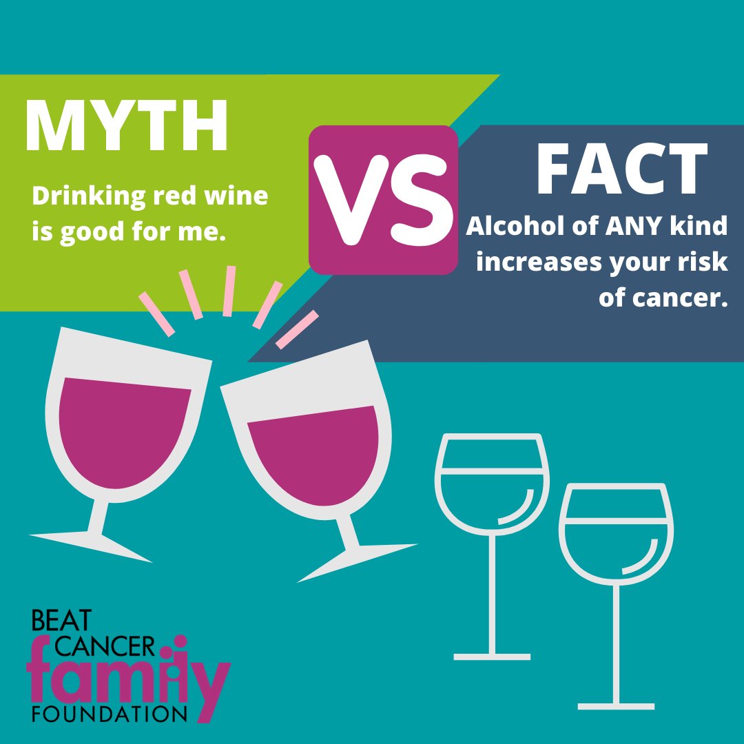 Fun Fact Friday!
MYTH: Drinking red wine is good for me.
The less alcohol you drink, the lower your risk for cancer.
All types of alcoholic drinks, including red and white wine, beer, cocktails, and liquor, are linked with cancer. The more you drink, the higher your cancer risk.