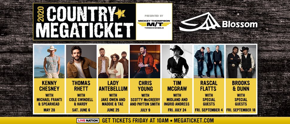 BlossomMusicCtr's tweet photo. JUST ANNOUNCED: 2020 Country Megaticket, presented by @MickeyThompsonT

One concert tickets to SEVEN of the hottest country concerts this summer at @BlossomMusicCtr!

#CountryMegaticket will go on sale to the public next Friday, January 24th at 10am at https://t.co/Uu4hLuWTVs! https://t.co/MJrdCym8QP