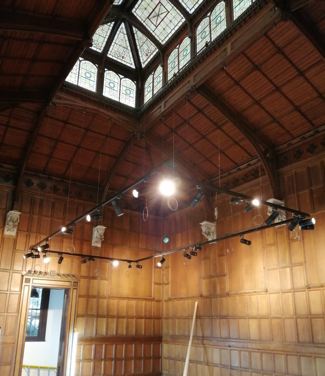 We're installing a new suspended LED lighting system designed to sympathetically showcase the magnificently restored oak panelled walls and stained glass roof lantern in the Grade II listed billiards room (c.1876) at #KearsneyAbbey <a href="/HeritageFundL_S/">The National Lottery Heritage Fund London & South</a> <a href="/DannattJohnson/">DJArchitects</a>