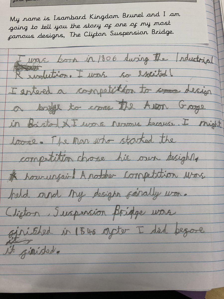BegbrookAcademy's tweet image. We have been learning the story of the Clifton Suspension Bridge and after some drama, wrote our own sensational narratives from Brunel’s point of view. We finished with portraits of the big man himself... (hat to scale!) #year2learning