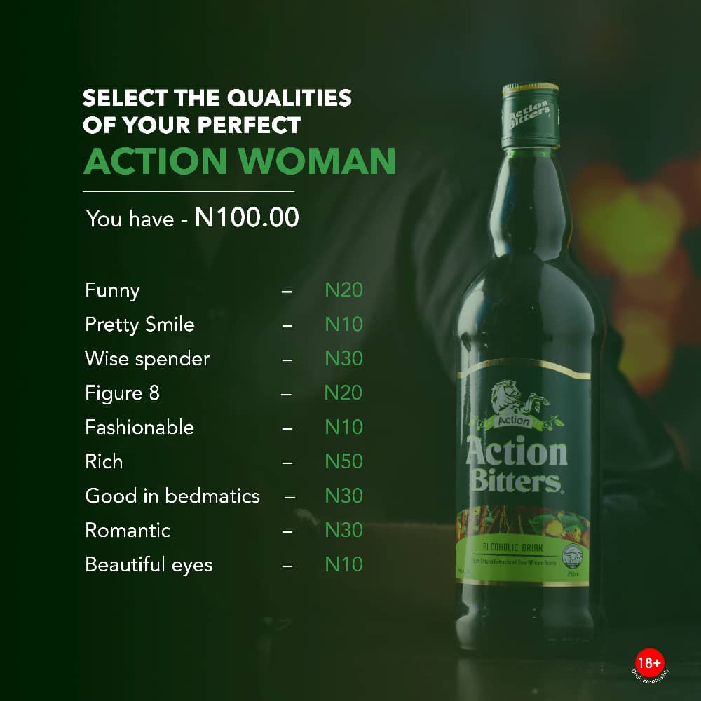 ActionBitters's tweet photo. Where are all the Action men? Get in here!! You have N100 to select the qualities of the perfect Action Woman you desire. let's see the qualities you can come up with 😉
#ActionBitters #ActionCouple #ActionTeaser #FridayThoughts #FridayFeeling https://t.co/CfPBYWhuh8