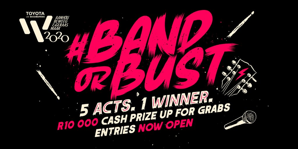 texxandthecity's tweet photo. TATC in partnership with @Woordfees is super proud to announce the first #BandOrBust competition where one act will stand a chance to win R10 000, a single produced by @TheoCrous & @KarenZoid at Mothership Studios in Cape Town & more. Enter here: https://t.co/pG1NKFgqx7 https://t.co/4bauzLUeQ3
