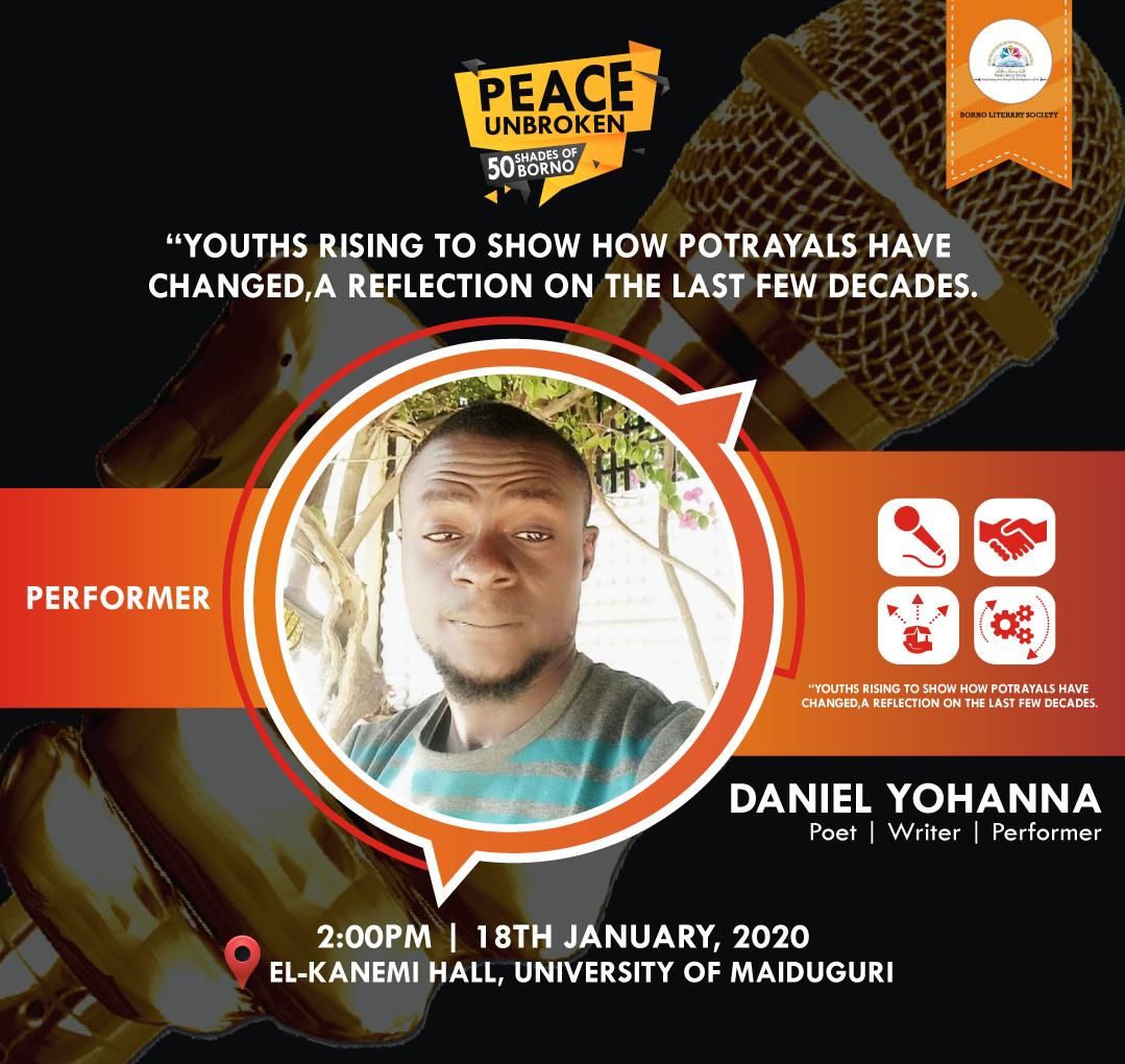 Bornolitsociety's tweet photo. Daniel YOHANNA (Stage name Nature or Romanticist) is a poet, fiction writer, playwright and spoken word artist. He was a graduate of English Education. His works have appeared on numerous platforms including the recent published anthology Markaz. Yohanna loves listening to music https://t.co/yFlt5DGVB8