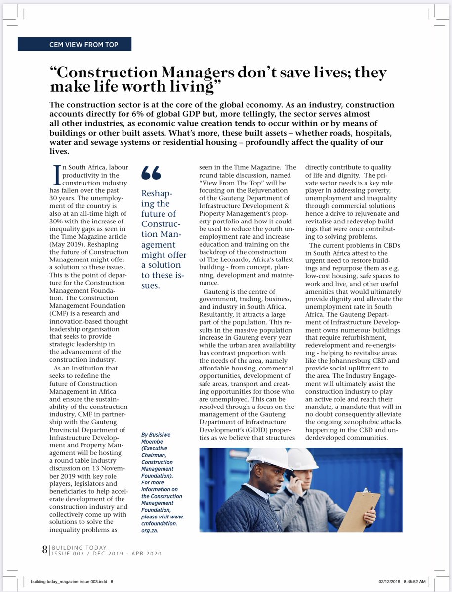 "Construction Managers don't save lives; they make it worth living." Read an article by Ms. Busisiwe Mpembe, Executive Chairperson, Construction Management Foundation (CMF), South Africa <a href="/cmfoundationzar/">Construction Management Foundation</a> . Get your copy for more worthwhile articles. <a href="/acmk_ke/">ACMK</a>