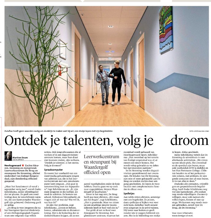 Mooi artikel in het NHD over Leerwerkcentrum De Brug en steunpunt De Stroming van @EsdegeReigersdl naast zwembad de Waardergolf <a href="/GemHHW/">Gemeente Heerhugowaard, in Memoriam</a>. Voortgekomen uit de samenwerking tussen gemeente en Esdégé-Reigersdaal ihkv <a href="/dedraai/">De Draai</a>
