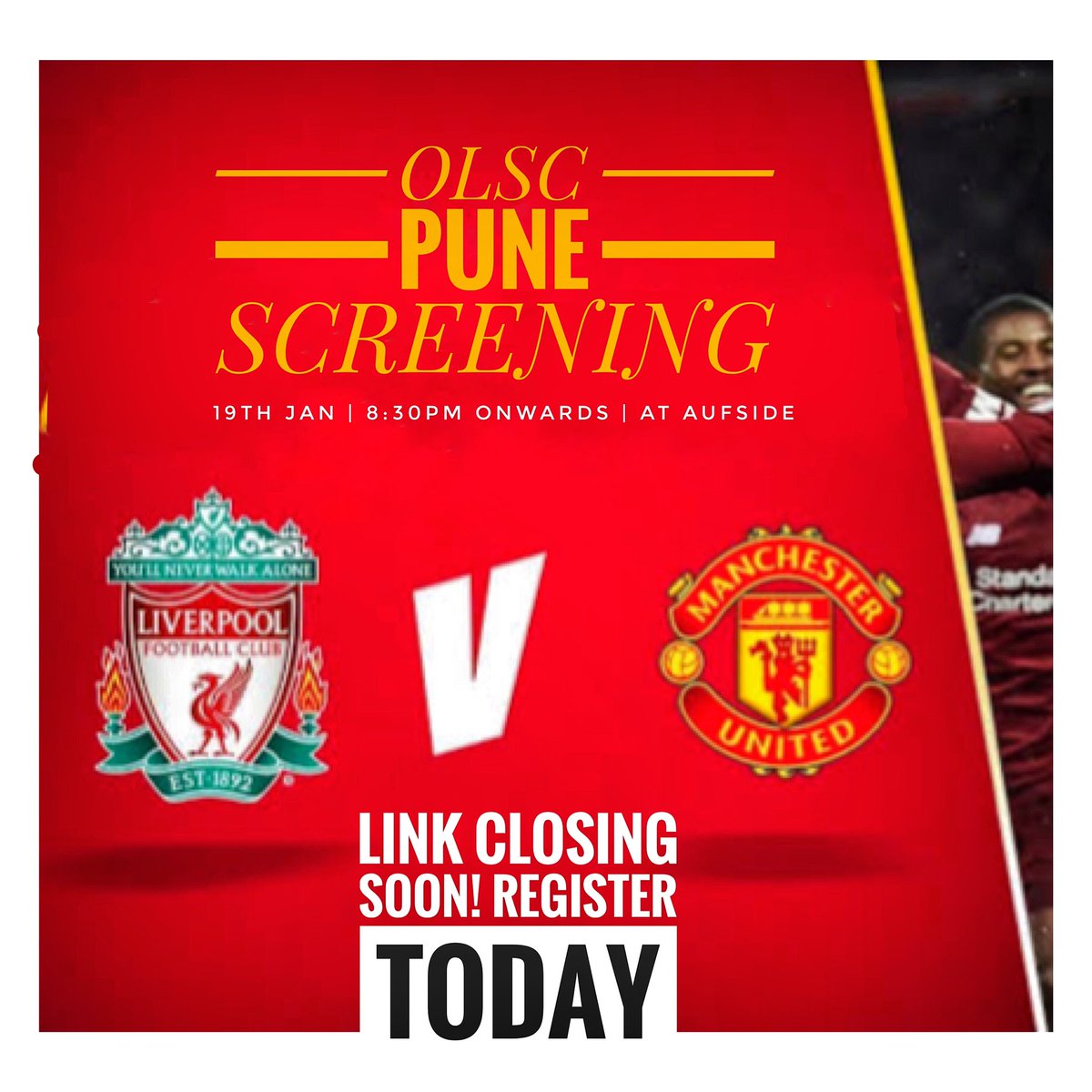 Liverpoolpune's tweet photo. Have you registered? ๐
Thanks for the amazing response. Registration link is open for next 24hrs only! โ๏ธ๐
.
Registration link: https://t.co/Jn6zJsGjNj
.
#olscpunescreening #wegoagain #liverpoolpune #pune #olscpune #lfc #lfcindia https://t.co/7EuT0PN0VZ