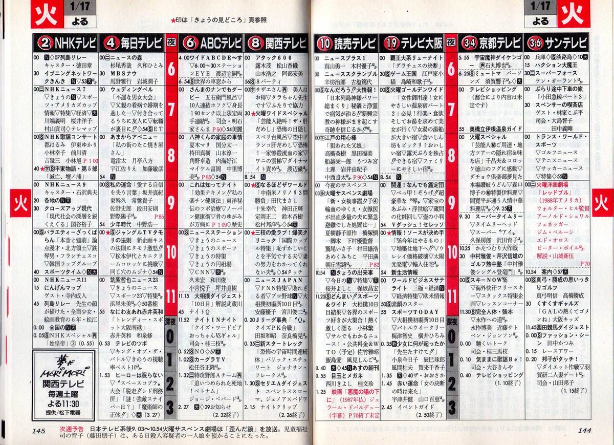 服部 On Twitter 再掲ですがあの日から節目の年ということで1995年1月17日 阪神大震災当日に放送予定だった関西のテレビ番組表 当然ではありますが 地震発生後ほぼ全局で地震特番になったので 結局は幻の番組表となりました