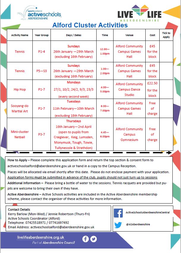 ASAberdeenshire's tweet photo. Kick start the new year with getting more active and trying something new!
Sign up by emailing activeschoolsalford@aberdeenshire.gov.uk to try one of the activities on offer in the #ActiveSchoolsAlford area.
#MoreActive #StayActive #SportForLife #GettingMoreActive https://t.co/i4GNq6qafB