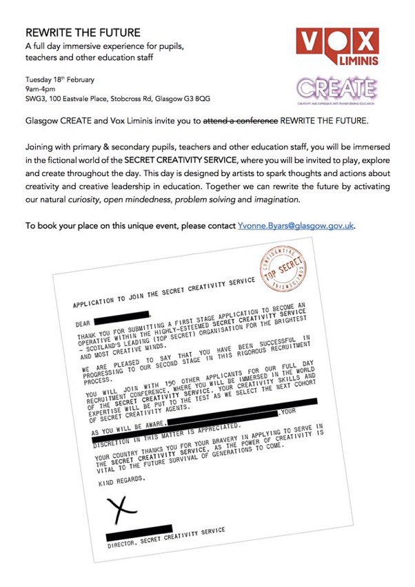 <a href="/GlasgowCREATE/">Glasgow CREATE</a> is in partnership with the wonderful <a href="/VoxLiminis/">Vox Liminis</a> &amp; @GraemeVox to immerse you into the Secret Creativity Service! We’re looking for leaders at all levels to join us to develop the #CreativitySkills @SWG3glasgow <a href="/maureen0207/">Maureen McKenna</a> <a href="/EdISGlasgow/">EdIS Glasgow</a> Watch this space!!! 💜