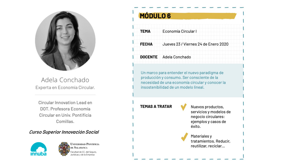 Innuba_es's tweet photo. En las próximas sesiones del Curso de #InnovacionSocial de Innuba en la @fempresaUPSA, @AdelaConchado será la experta que dará el módulo de #economiacircular, para profundizar en este nuevo paradigma y conocer las metolodogías de análisis y definición del proceso de cambio. https://t.co/4IVso9UMiK