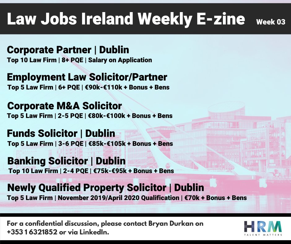 DurkanBryan's tweet photo. In this week's Law Jobs Ireland roundup, I have focussed on the domestic firms, featured clients include the leading Top 5 and Top 10 firms. This week's highlighted jobs are in the areas of Corporate, Employment Law, Funds, Banking and Property. #Jobs #lawjobs #jobfairy https://t.co/MD5VttaJ0M