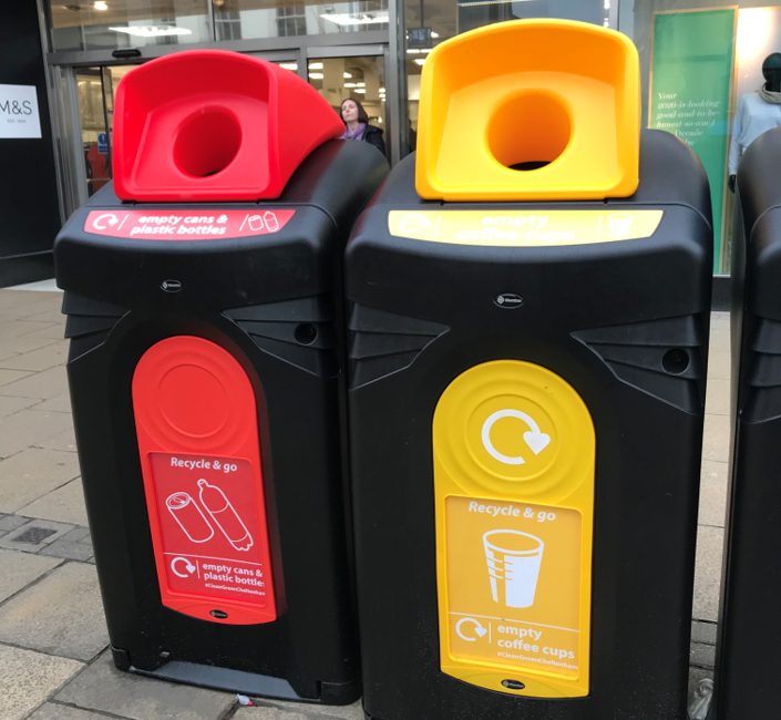 pcrrgUK's tweet photo. We're loving these new recycling bins from @CheltenhamBC recently installed on the High Street so that people can recycle on the go #recycling #papercups #Cheltenham - research shows people will recycle if it's made easy for them. https://t.co/lNZjSNmsrb