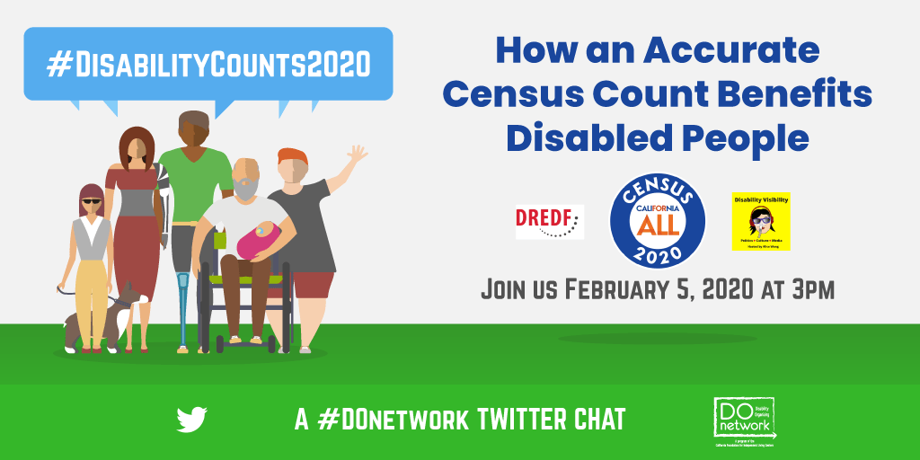 Digital art of 6 people of different ages, races and disabilities, service dog. Text: How an Accurate Census Count Benefits Disabled People. Join us February 5, 2020 at 3PM. A #DOnetwork Twitter Chat. Logos: Disability Organizing Network, DREDF, California Census, and Disability Visibility, Twitter bird.