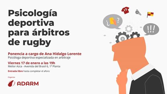 Os esperamos esta tarde en la charla sobre psicología deportiva para árbitros de rugby que organizamos en Madrid. Entrada libre hasta completar el aforo. #ÚneteAlRef #ADARM #RugbyRef