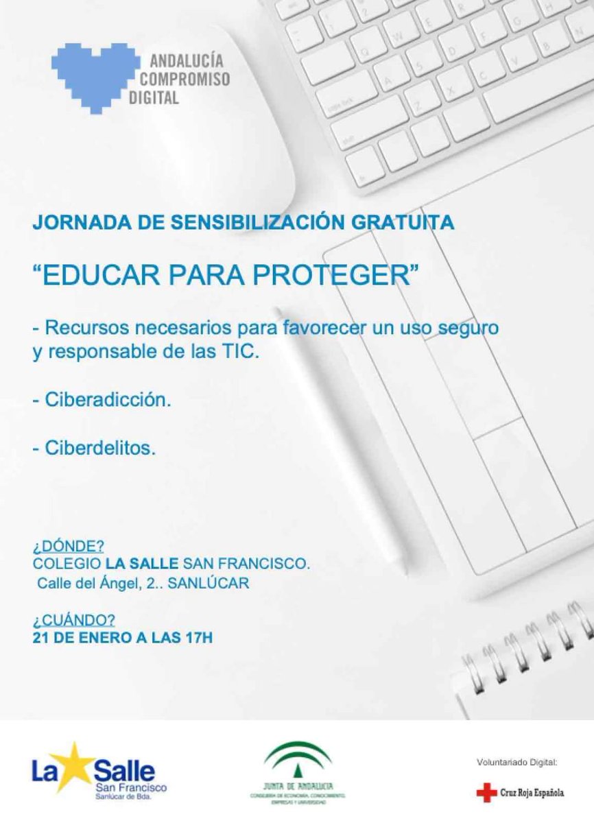 LaSalleSanlucar's tweet photo. #EscueladeFamilias ¿Quieres que tu hijo/a haga un buen uso de las NNTT? Gracias a la Cruz Roja y a la gestión del AMPA tendrá lugar esta formación para padres y madres del centro el próximo martes 21 de enero en el Salón de Actos del centro #lasalle #lasallesanlúcar #NNTT https://t.co/3XysKf7C8S