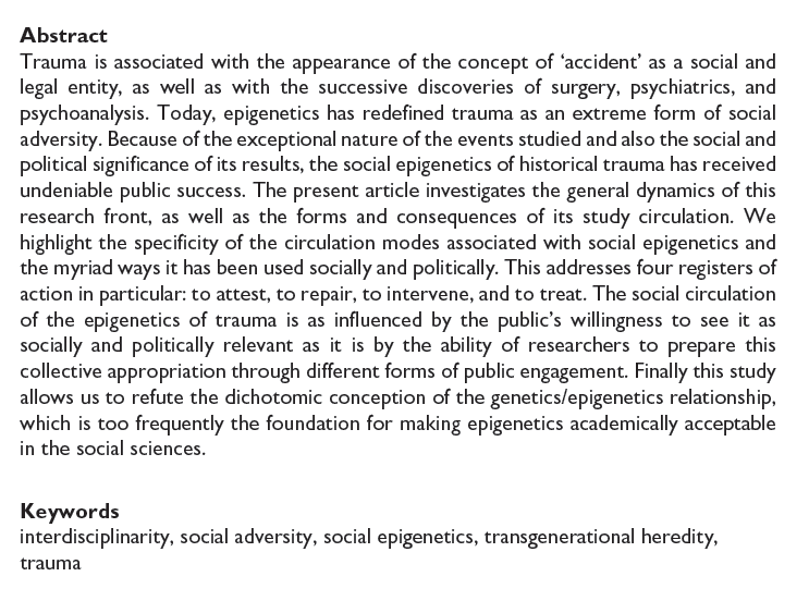 ejsmdubois's tweet photo. “From cellular memory to the memory of trauma: Social epigenetics and its public circulation“, my latest paper with C.Guaspare is now available online on @SocScienceInf website:  https://t.co/BRAoQyF8cG  #epigenetics #trauma #socialadversity https://t.co/E2asqNrRqo